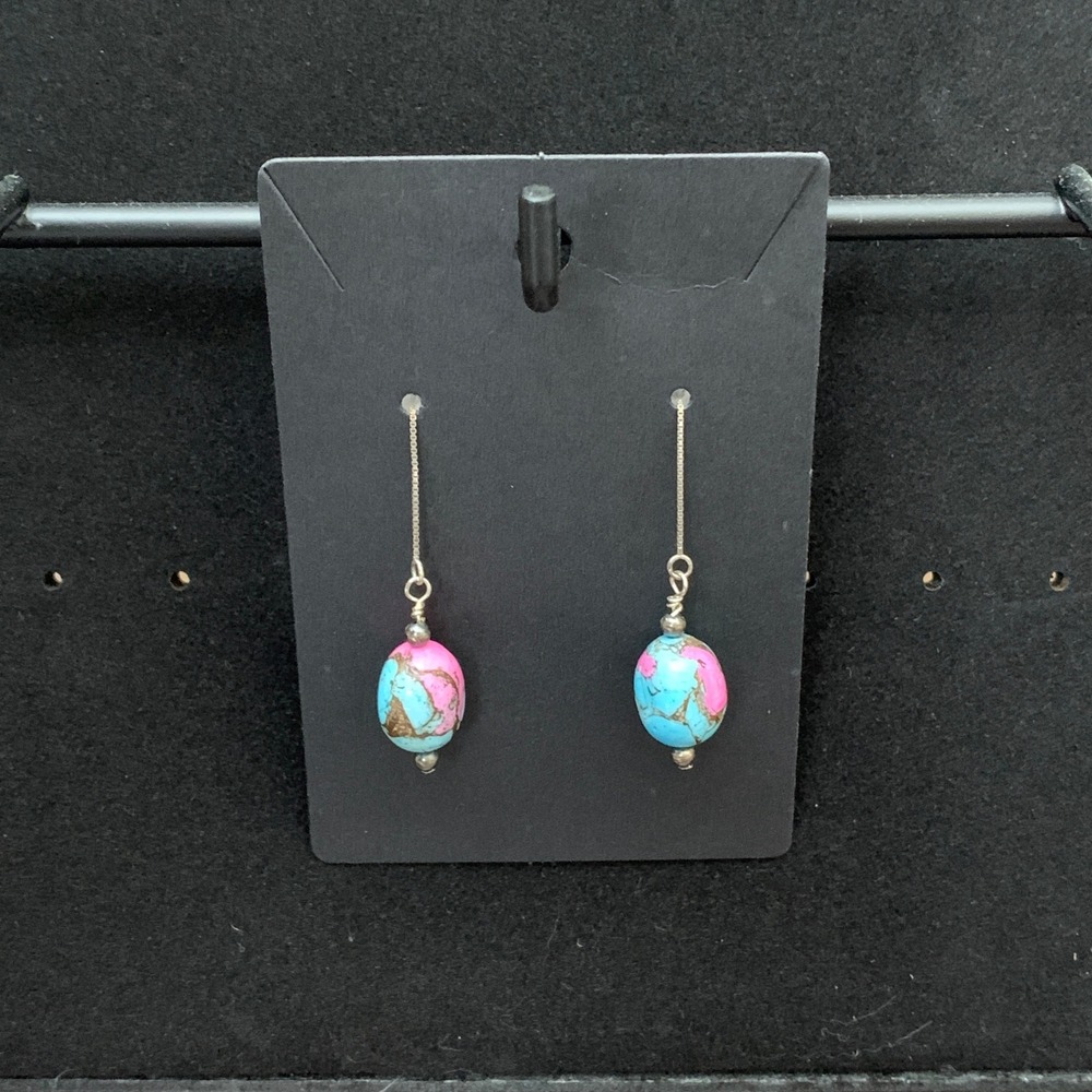 925 Sterling Silver Cotton Candy Turquoise Desert Pearl Threader Earrings